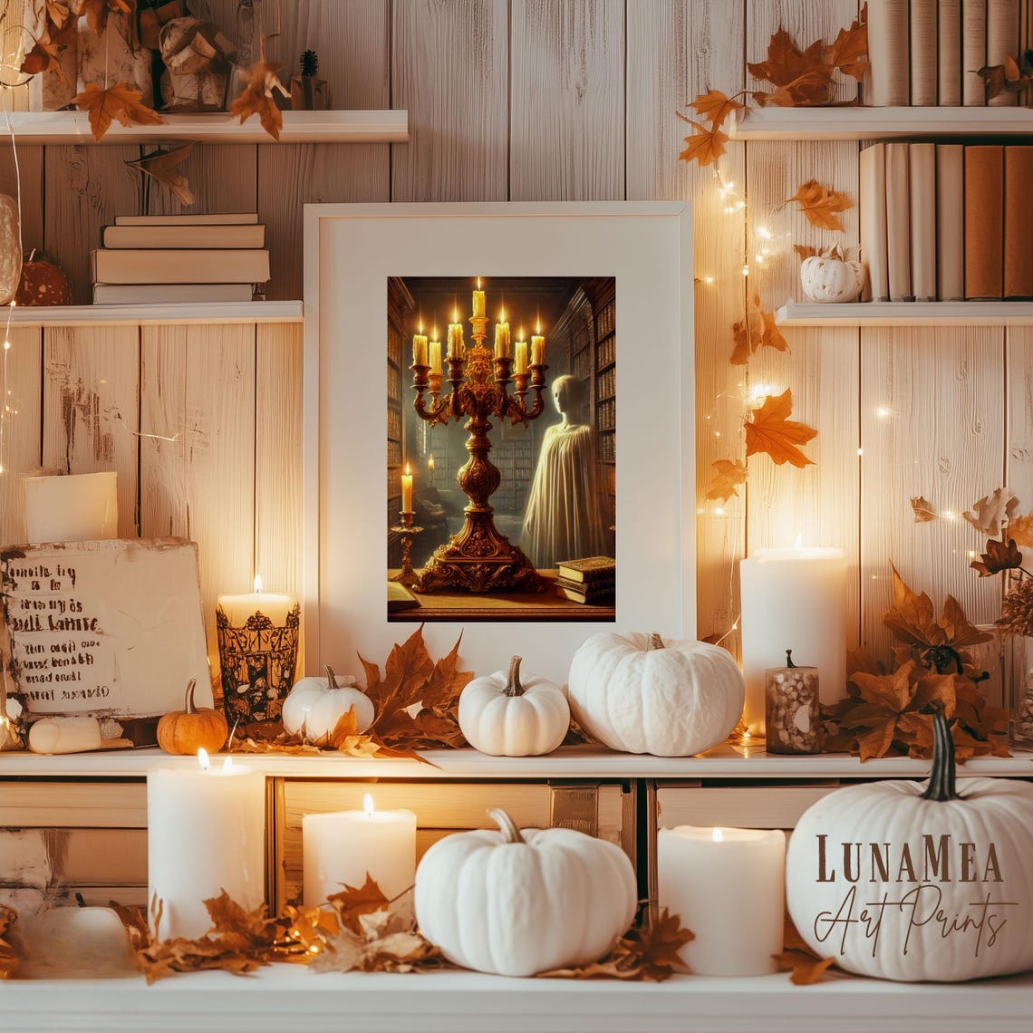 Ghost in a Library Spooky Halloween Painting Candelabra Books Wall Art - Image 3