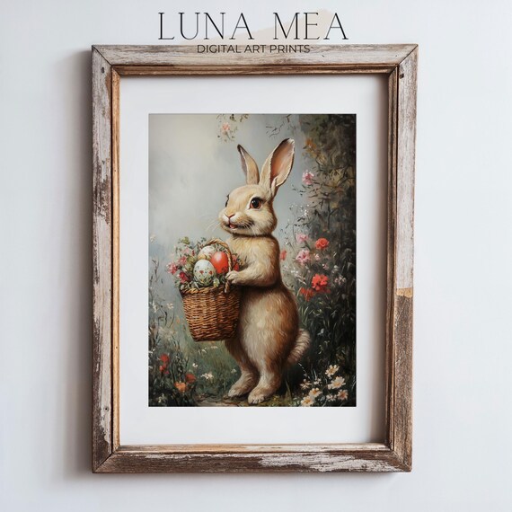 Easter Bunny With Basket Of Eggs Vintage Spring Flower Meadow Rabbit Poster