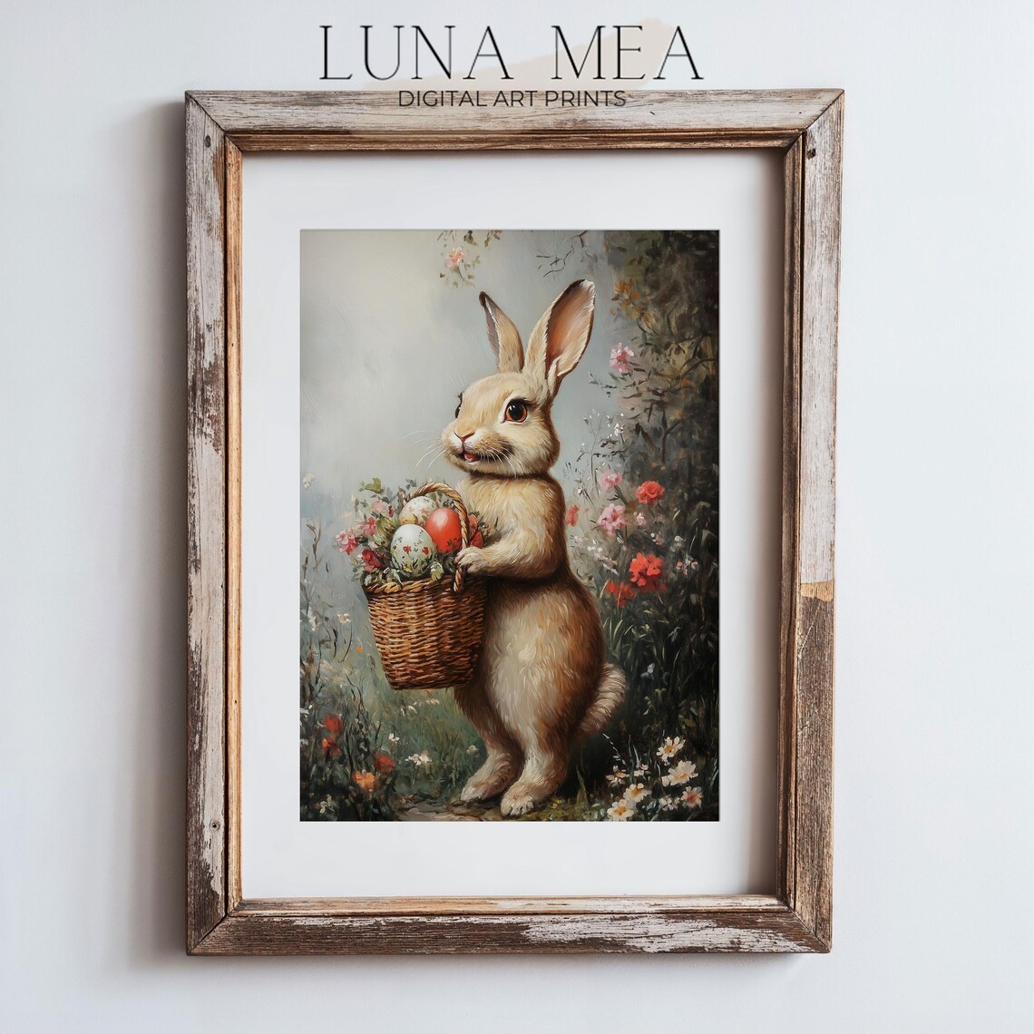 Easter Bunny With Basket Of Eggs Vintage Spring Flower Meadow Rabbit Poster