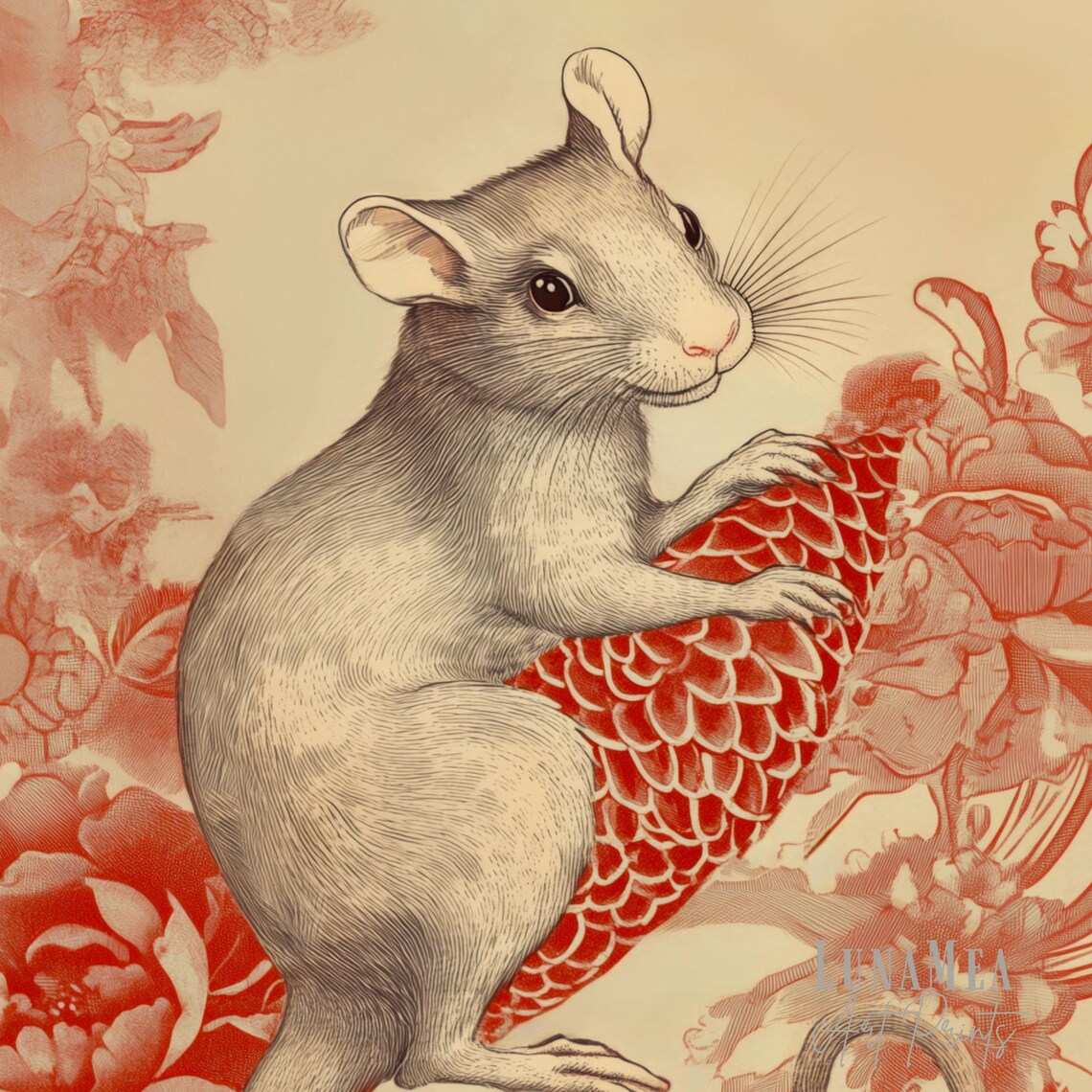 Chinese Zodiac Rat With Red Peony Flowers Asian New Year Animal Art Poster - Image 3