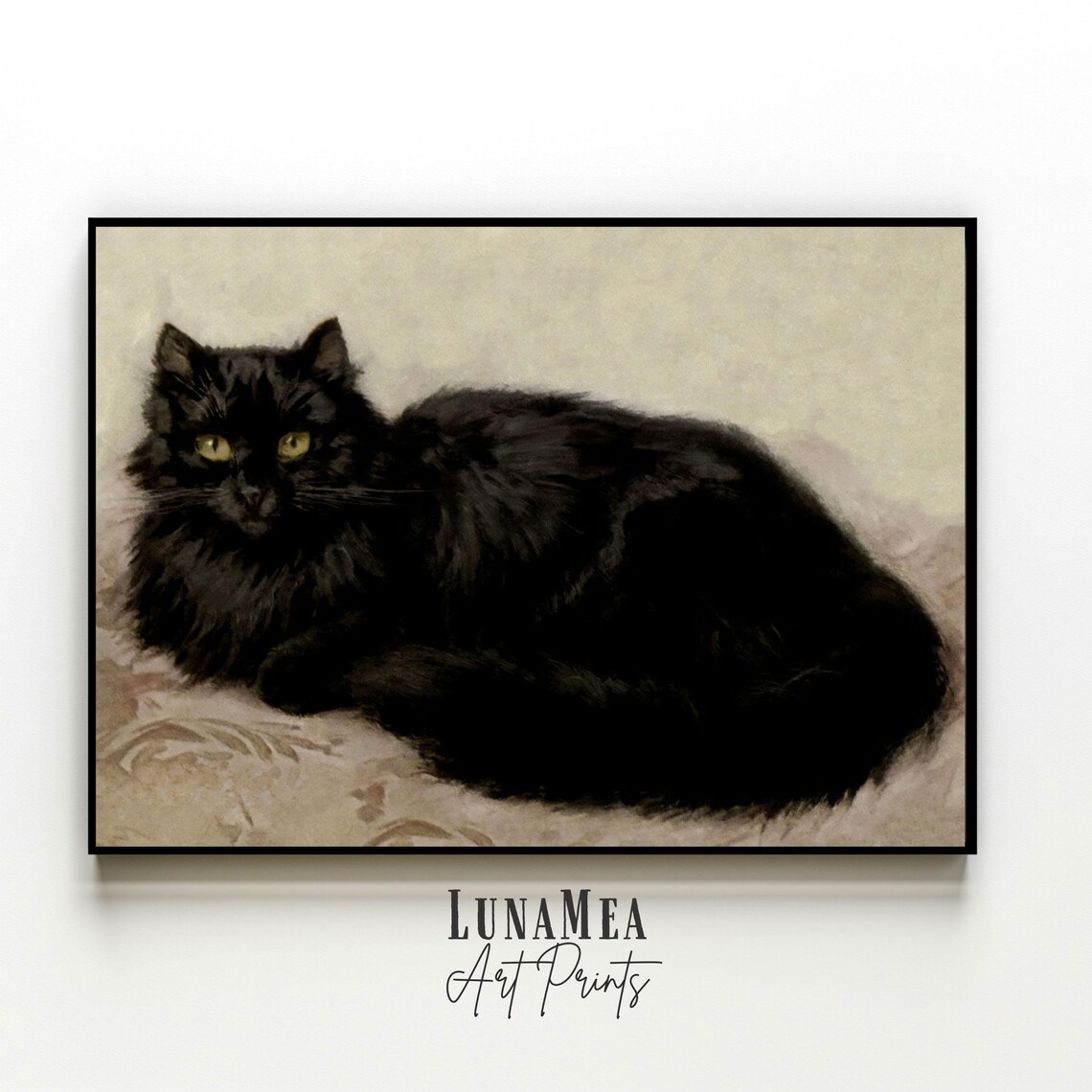 Vintage Black Cat Portrait Painting Long Haired Feline Victorian Wall Art - Image 2