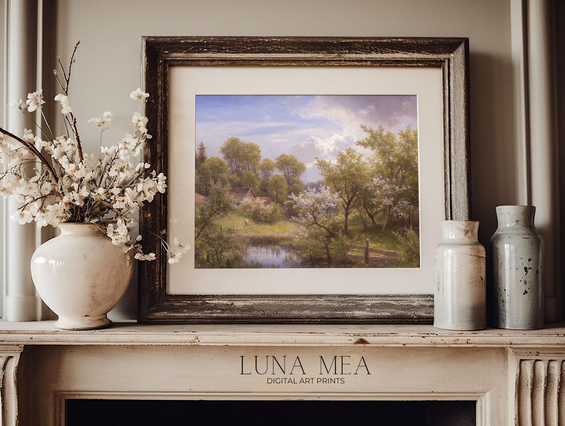 Vintage Spring Landscape With Pond Cottage And Blossoming Trees Art Poster - Image 2