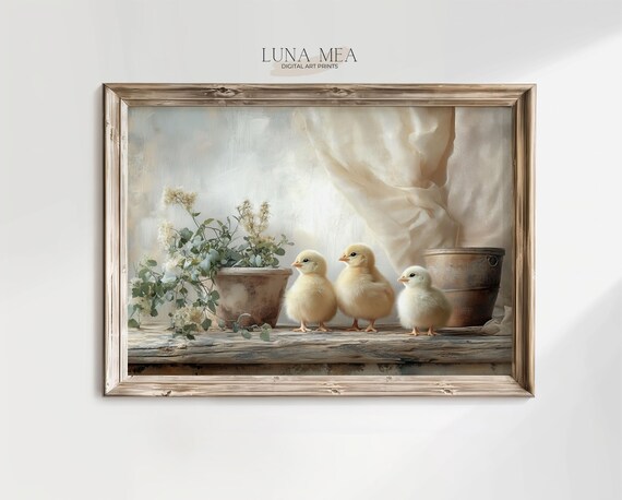 Three Fluffy Baby Chicks On Windowsill Vintage Spring Nursery Animal Art Poster