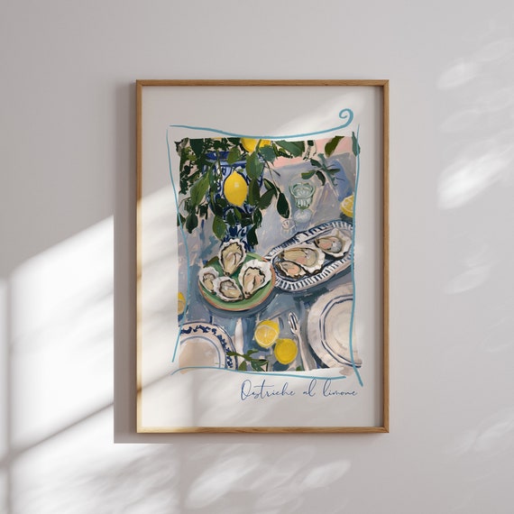 Oyster Print Lemon Painting La Dolce Vita Amalfi Coast Poster Kitchen Wall Art Prints