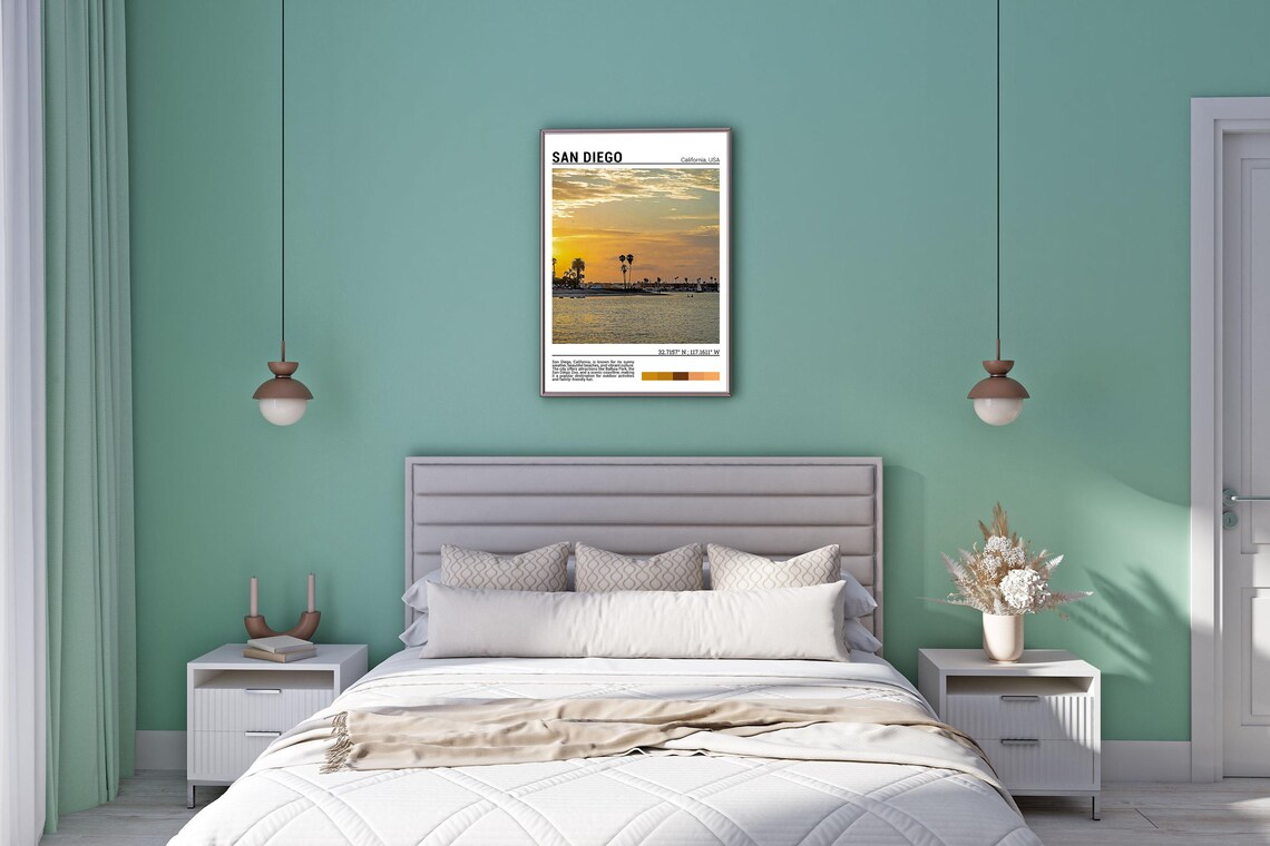 San Diego California Sunset Bay Palm Trees Marina View Travel Poster - Image 5