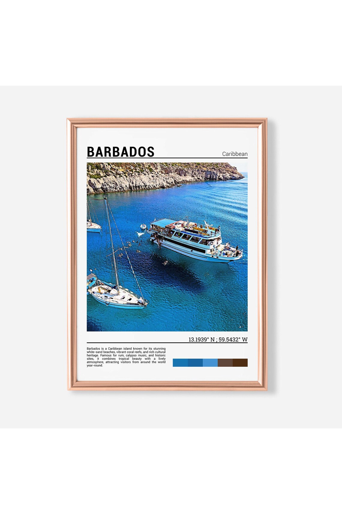 Barbados Caribbean Boats Blue Water Cove Rocky Coast Travel Poster
