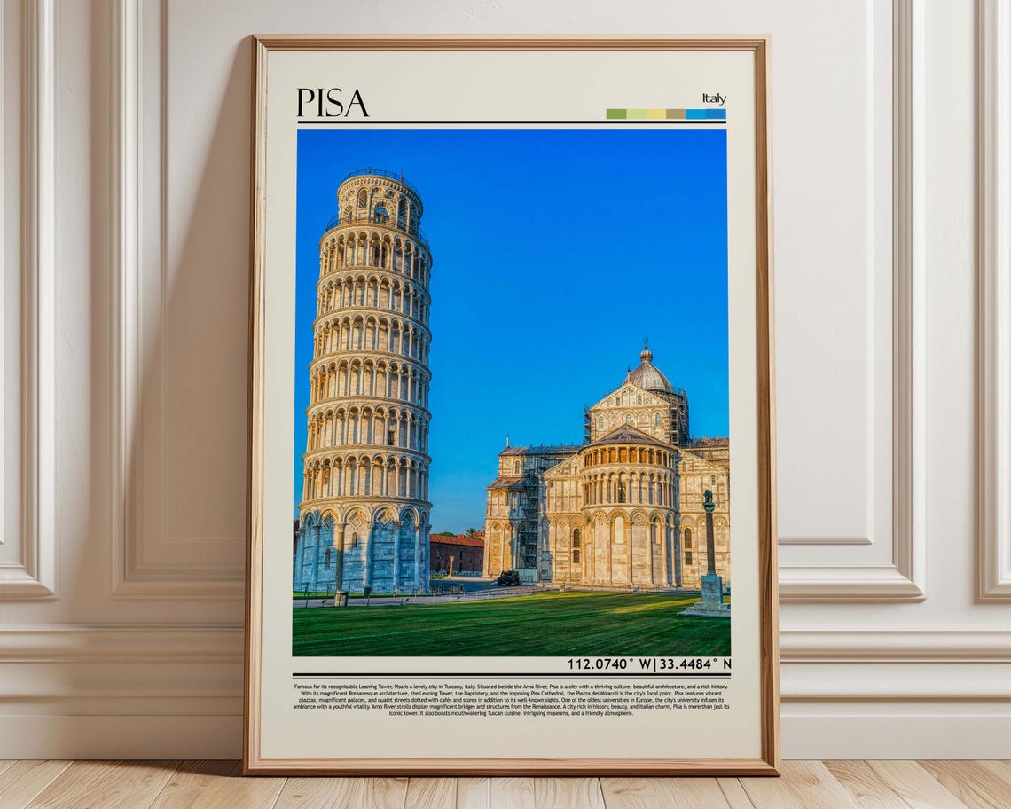 Pisa Italy Leaning Tower Cathedral Bright Blue Sky Travel Poster