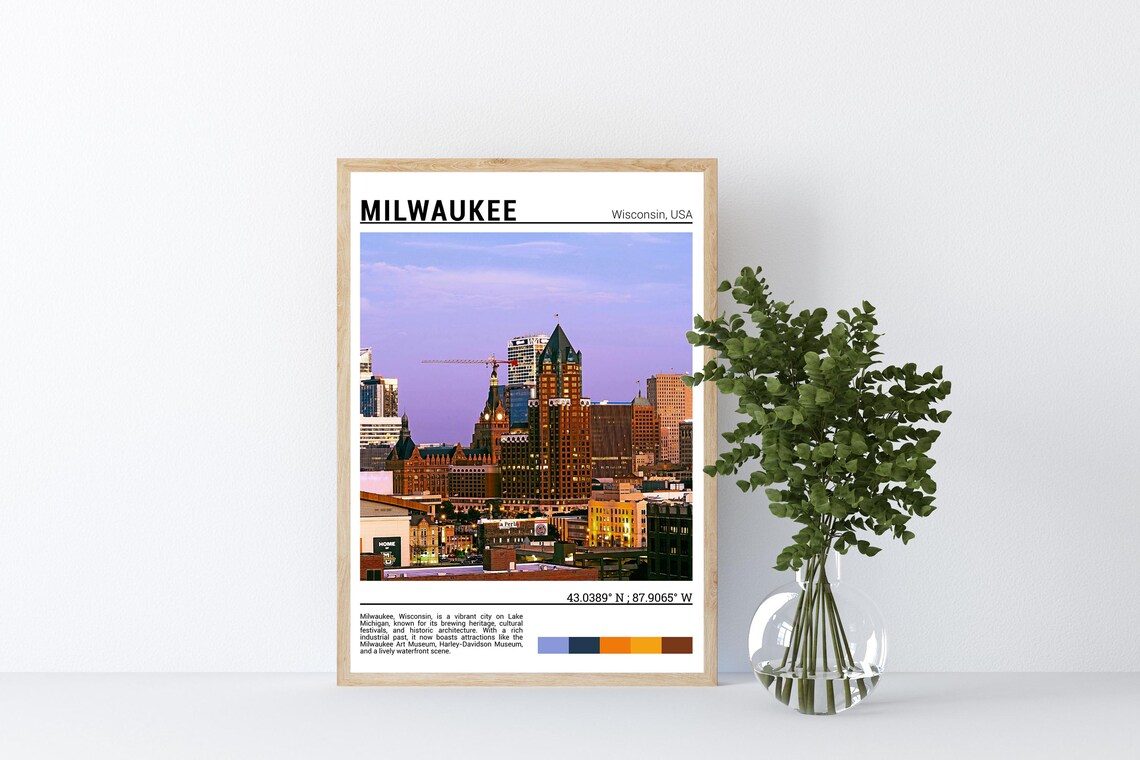 Milwaukee Wisconsin Sunset Skyline Cityscape Dusk Travel Poster - Image 4