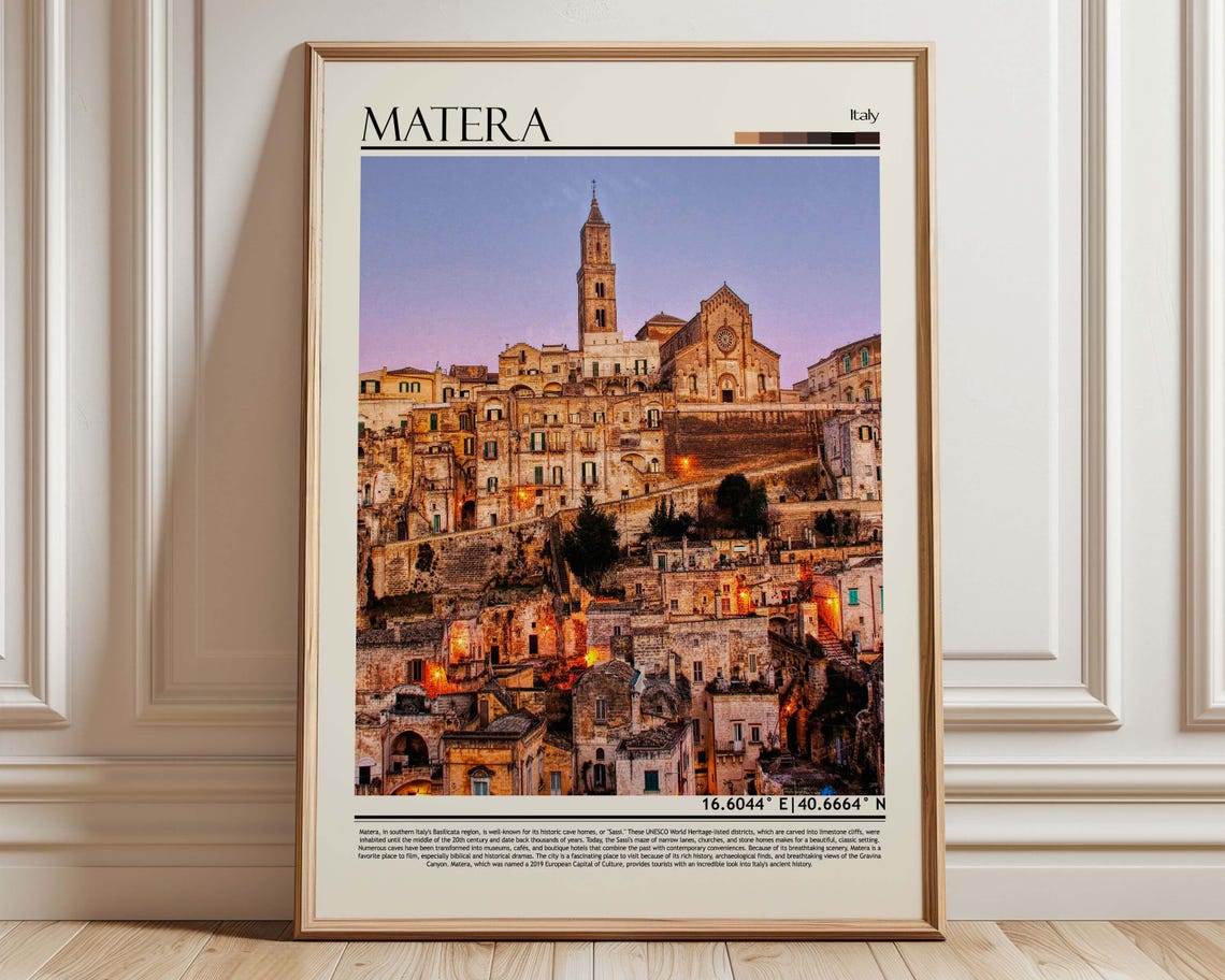 Matera Italy Travel Poster Ancient Cave Town Dusk Skyline Art