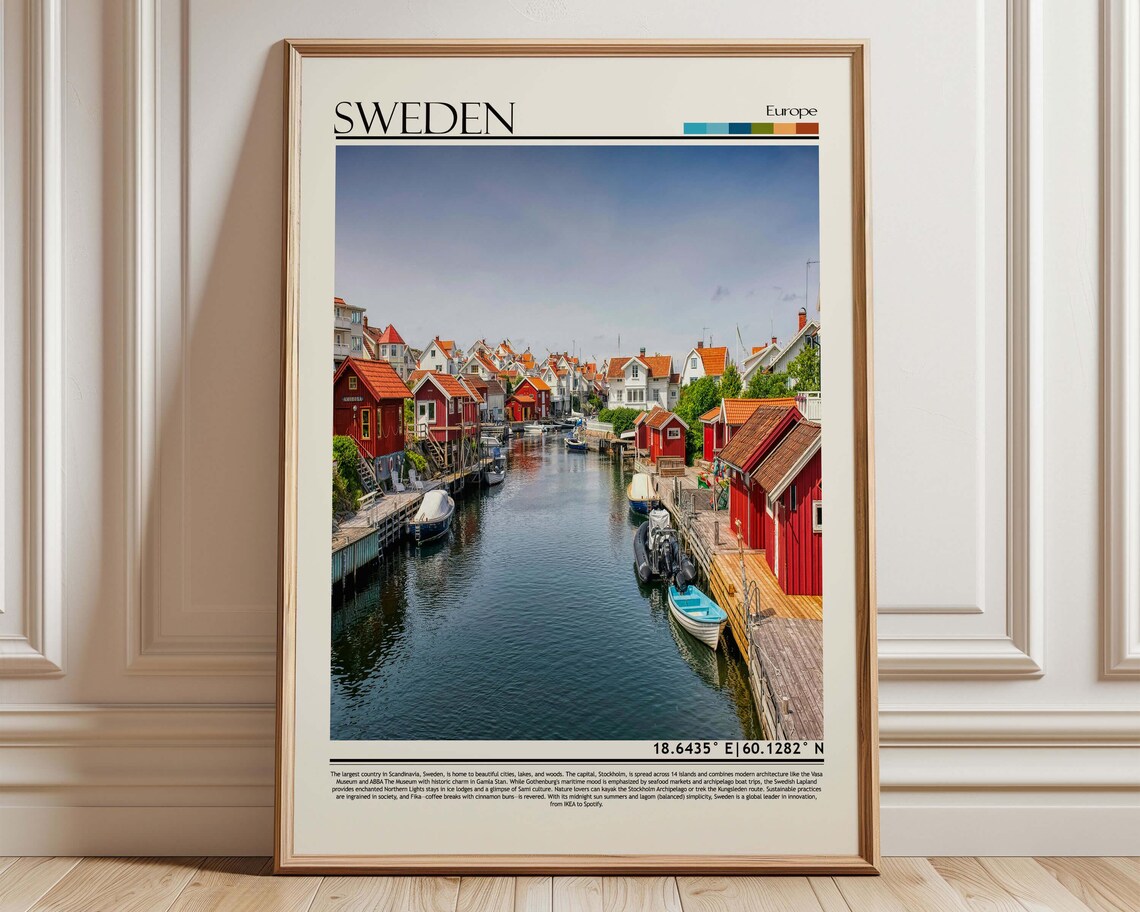 Sweden Coastal Fishing Village Colorful Cabins Travel Poster
