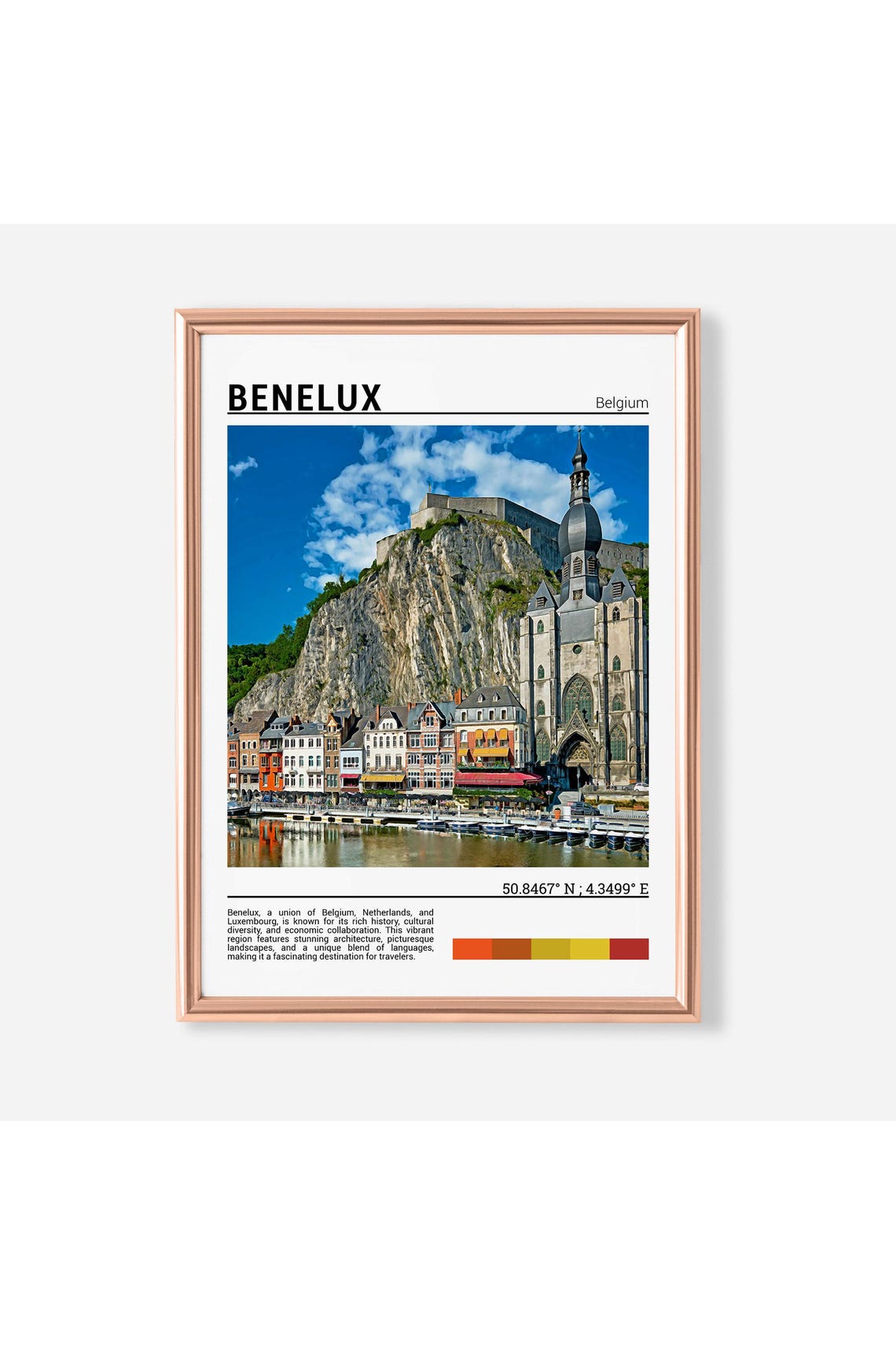 Benelux Belgium Riverside Old Town Church Cliff Castle Travel Poster