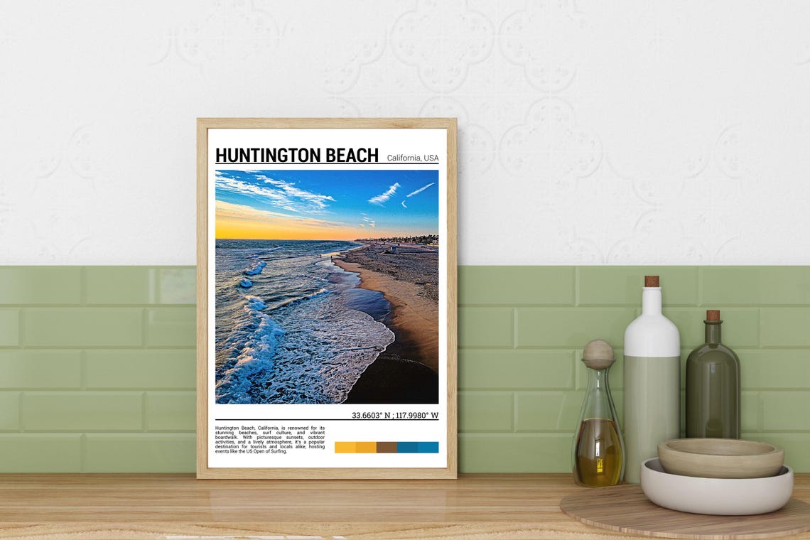 Huntington Beach California Golden Sunset Surf Shore Travel Poster - Image 3
