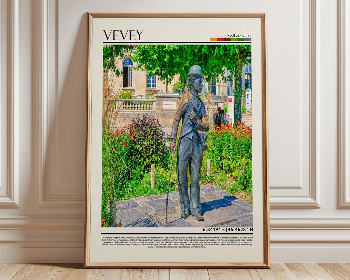 Vevey Switzerland Charlie Chaplin Statue by the Lake Travel Poster