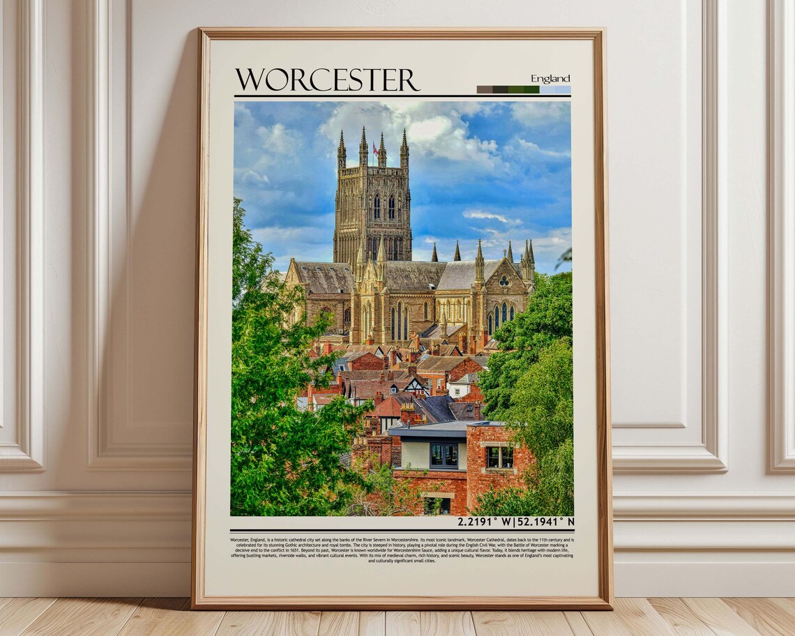 Worcester England Worcester Cathedral City Skyline View Travel Poster