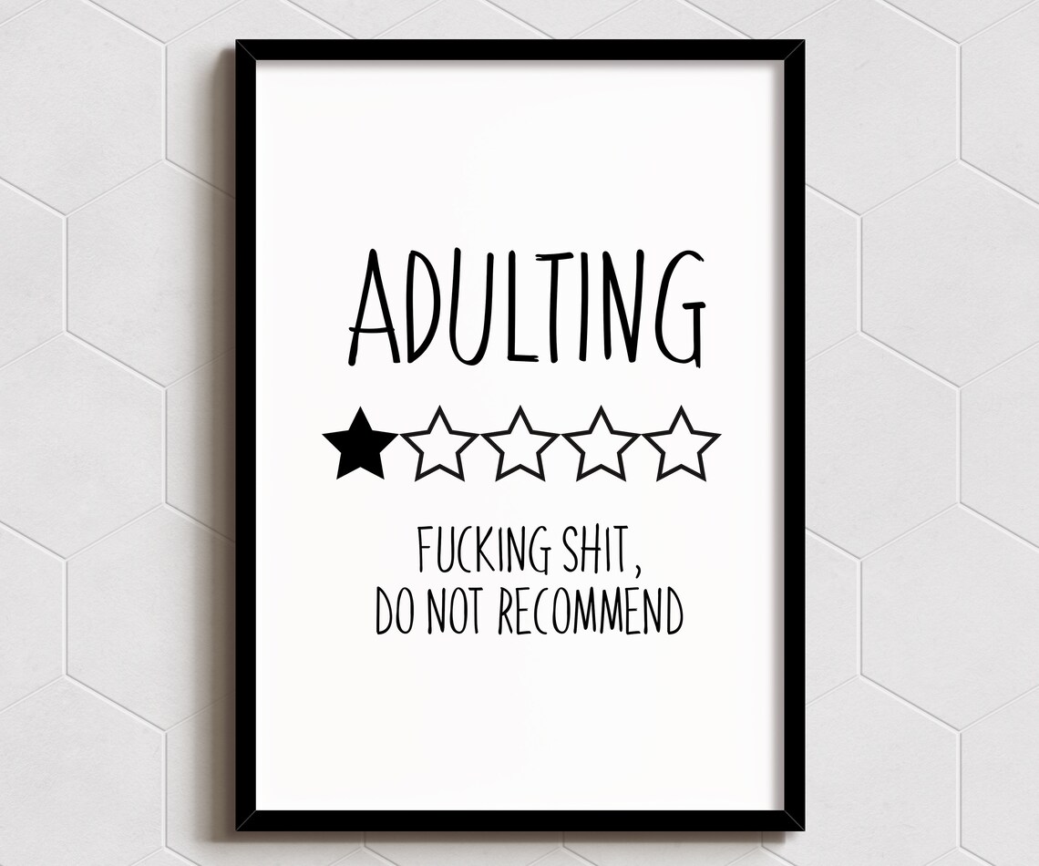 Adulting One Star Review Funny Sarcastic Typography Wall Art