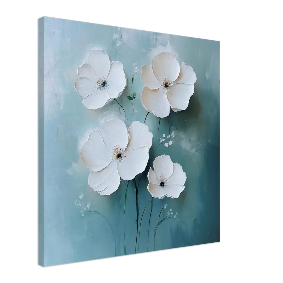 White Wildflowers Teal Background Textured Oil Painting Print - Image 3