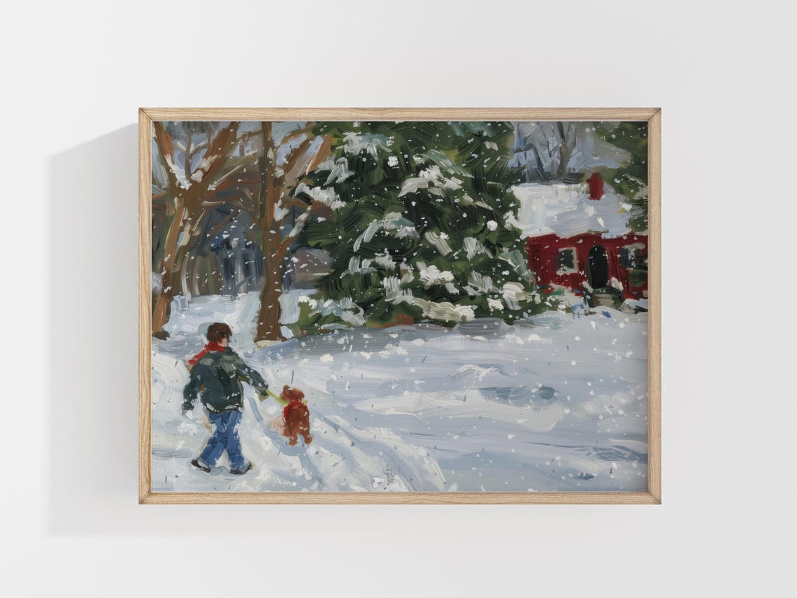 Winter Snowy Stroll Child With Dog Red Barn Vintage Landscape Painting