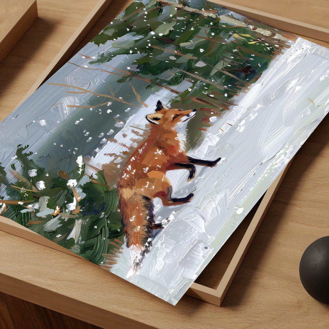 Red Fox In Snow Winter Woodland Landscape Painting Wall Art Print - Image 3
