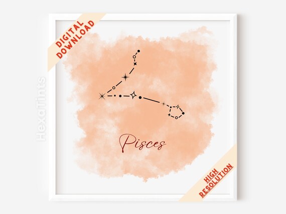 Pisces Constellation Zodiac Star Map Peach Watercolor Astrology Art Print