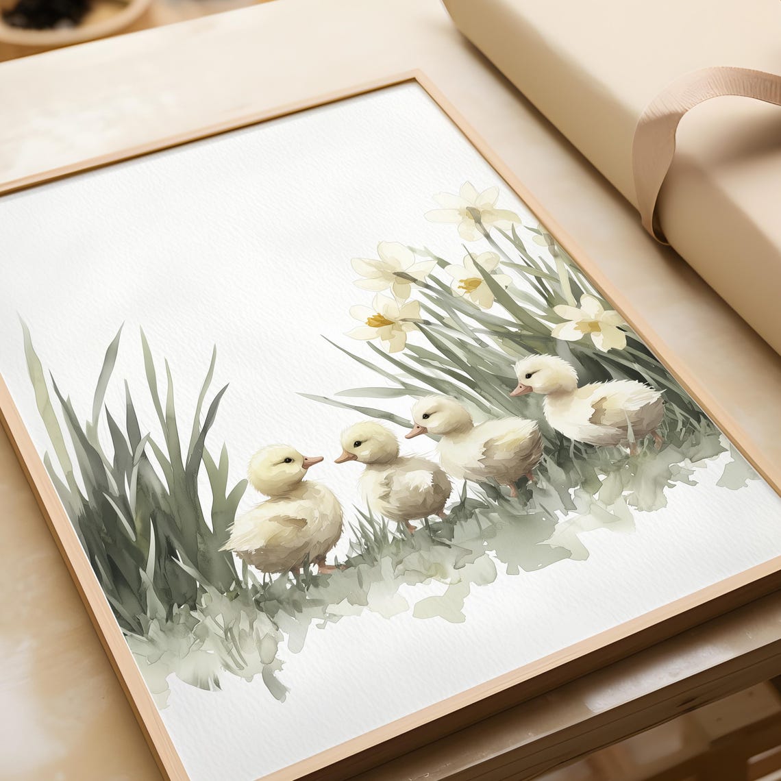 Four Ducklings And Daffodils Watercolor Cute Spring Nursery Art Print - Image 4