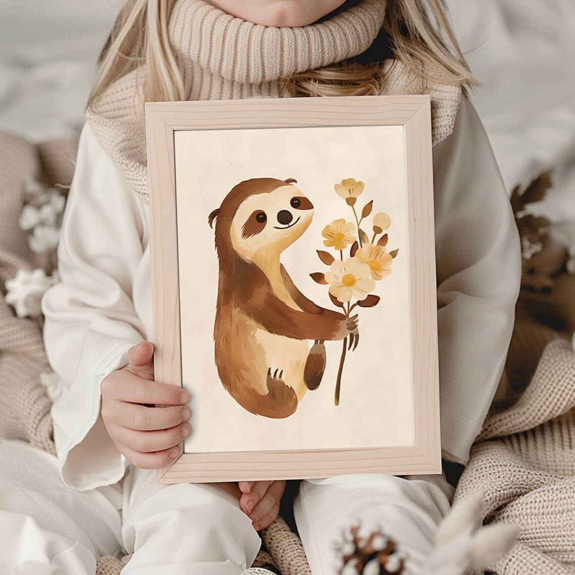 Cute Sloth Holding Flowers Watercolor Whimsical Nursery Wall Art Print - Image 2