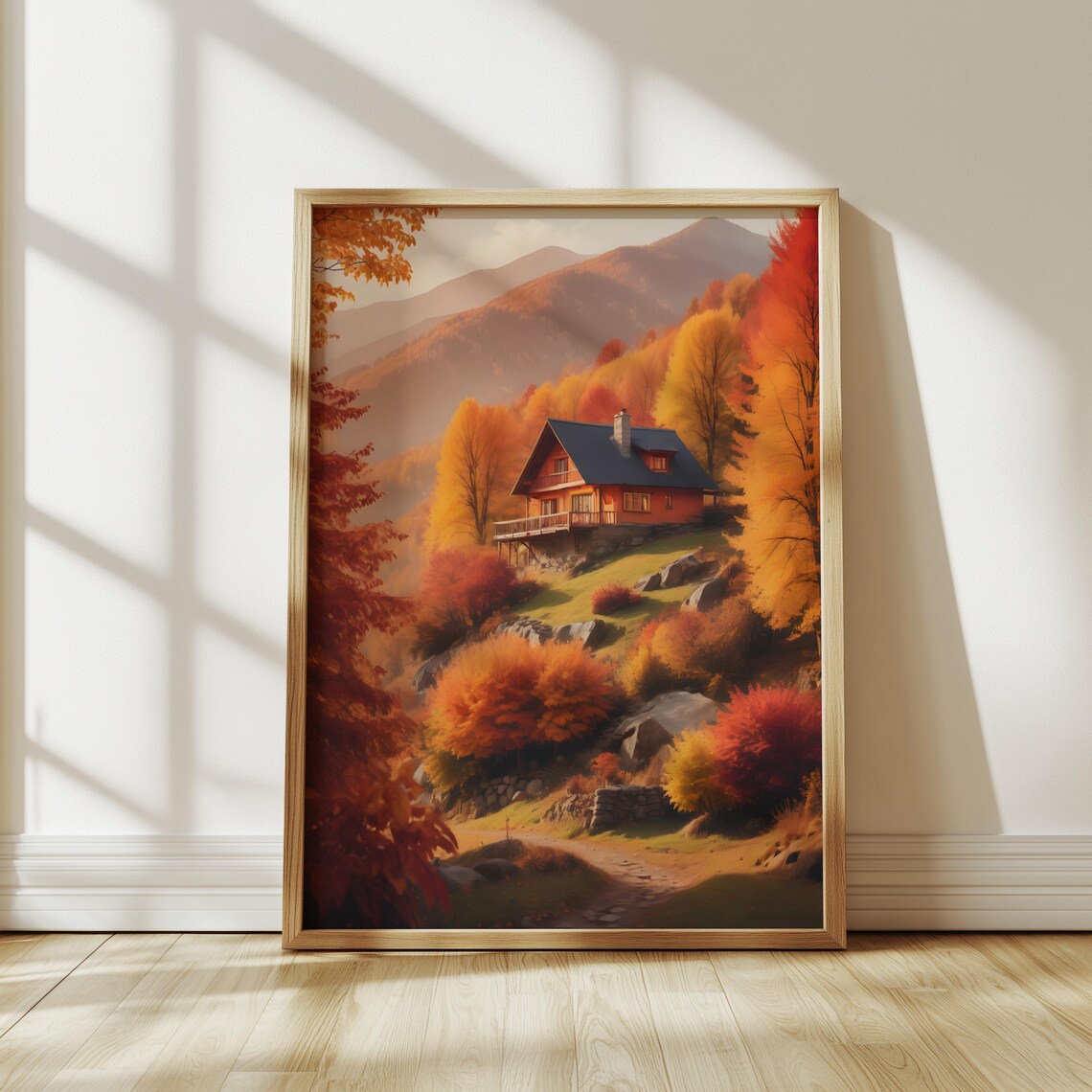 Mountain Cabin Autumn Fall Foliage Hillside Landscape Art Poster
