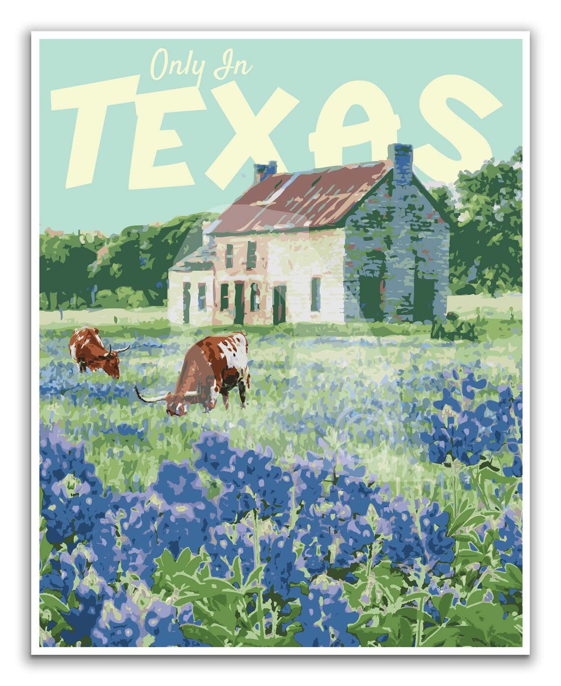 Texas Vintage Style Travel Poster, Bluebonnet Art - Image 3