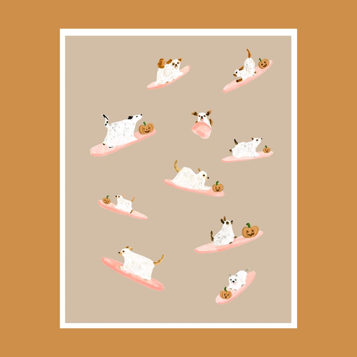 Ghost Dogs Surfing With Pumpkins Halloween Cute Dog Wall Art Print