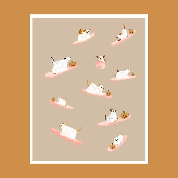 Ghost Dogs Surfing With Pumpkins Halloween Cute Dog Wall Art Print