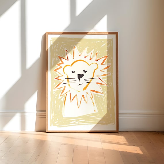 Cute Lion Face Childlike Drawing Playful Kids Nursery Art Poster