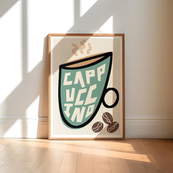 Retro Cappuccino Coffee Cup Kitchen Poster Bold Mid Century Style
