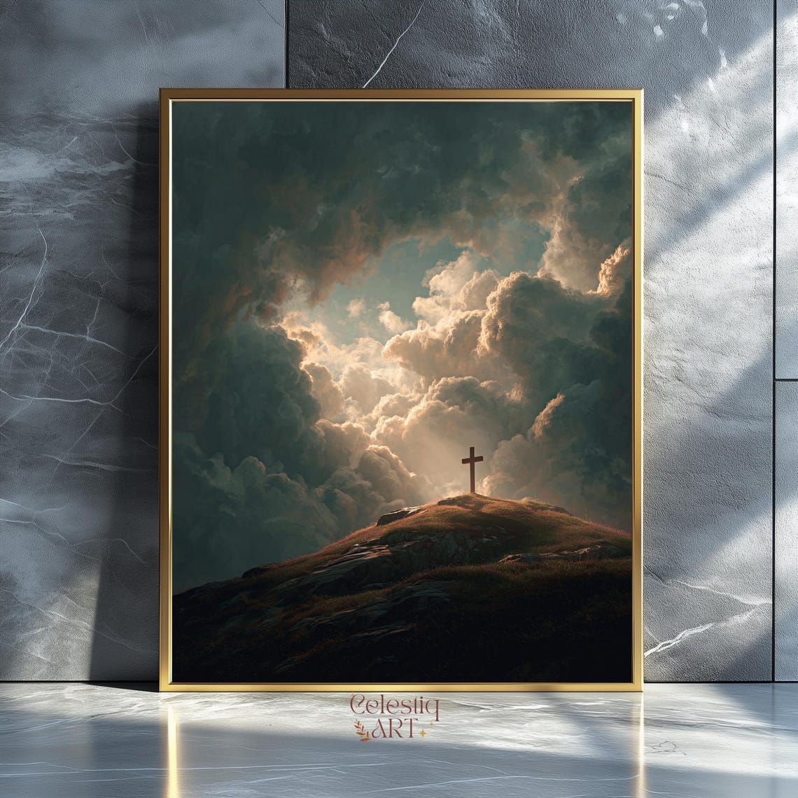 Lone Cross on Hilltop Dramatic Storm Clouds Faith Poster Art