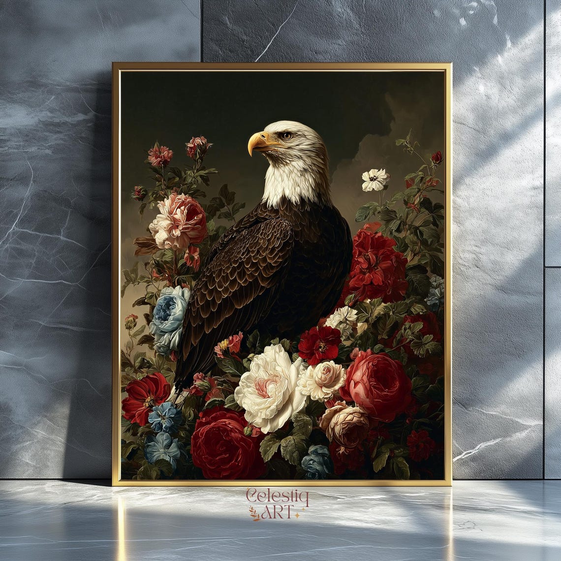 Bald Eagle Perched Among Roses Vintage Floral Wildlife Art Print