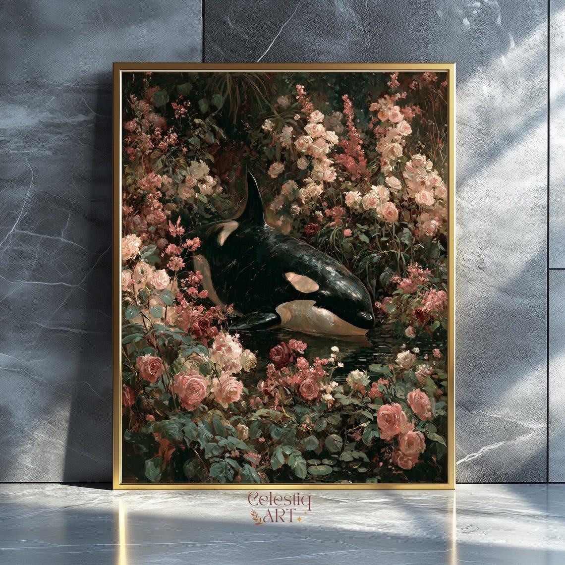 Orca Killer Whale Painting Surreal Animal Gothic Maximalist Rose Garden Art Print