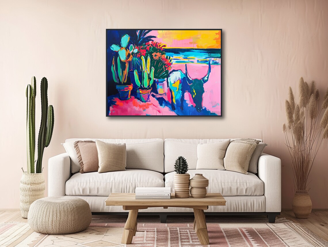 Southwestern Bull And Cactus, Western Art Print - Image 3