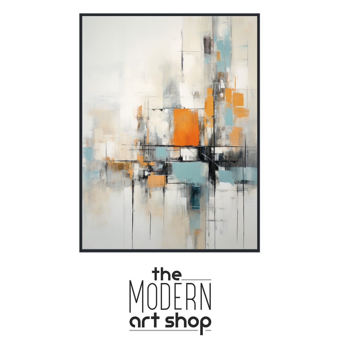 Gray Black Orange Minimal Grid Abstract Modern Soft Neutral Wall Art - Image 4