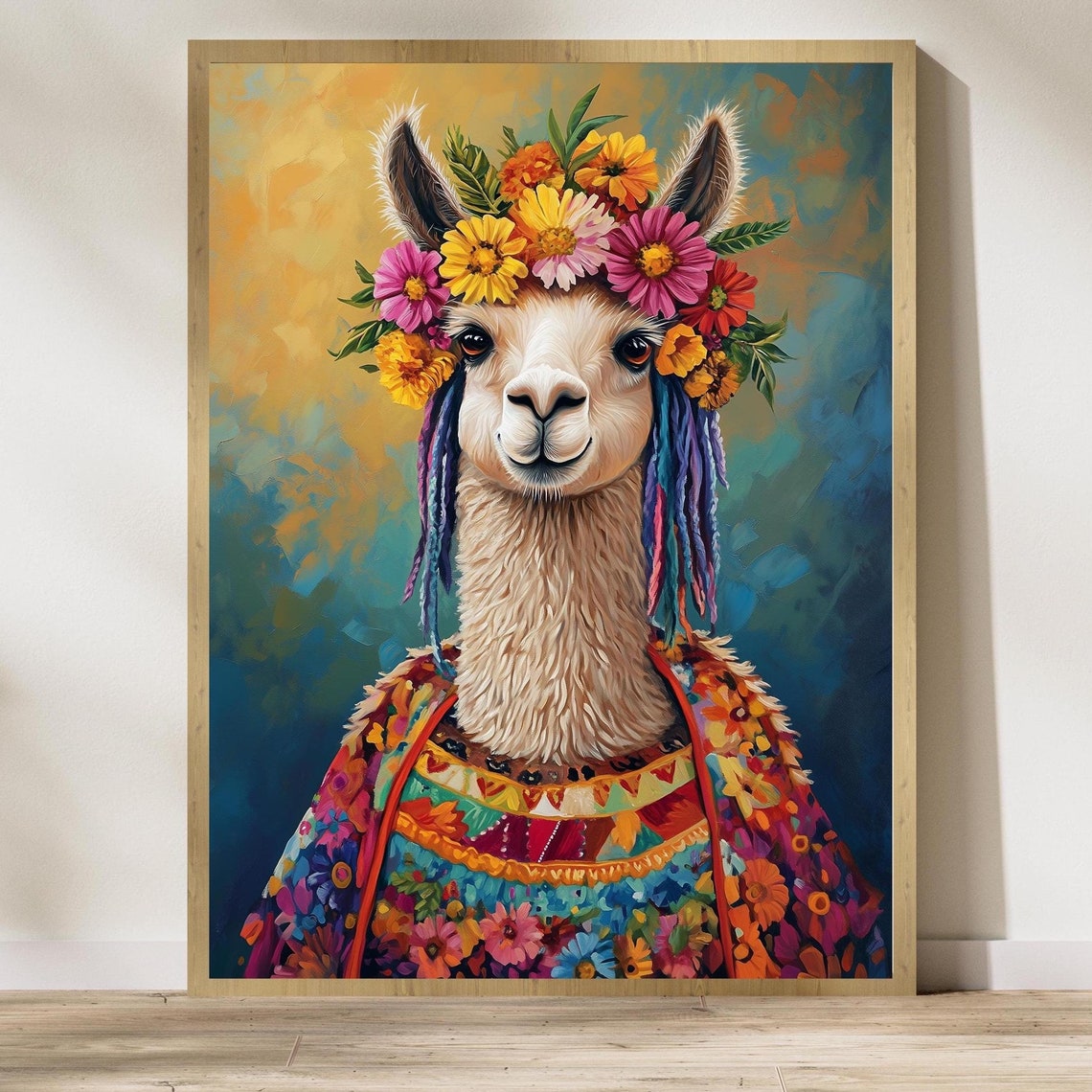 Eclectic Llama Art Print Boho Wall Colorful Bohemian Animal Painting With Flowers Whimsical Poster