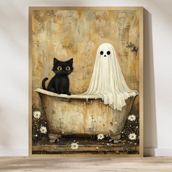 Cute Ghost and Black Cat Sharing a Vintage Clawfoot Tub Poster
