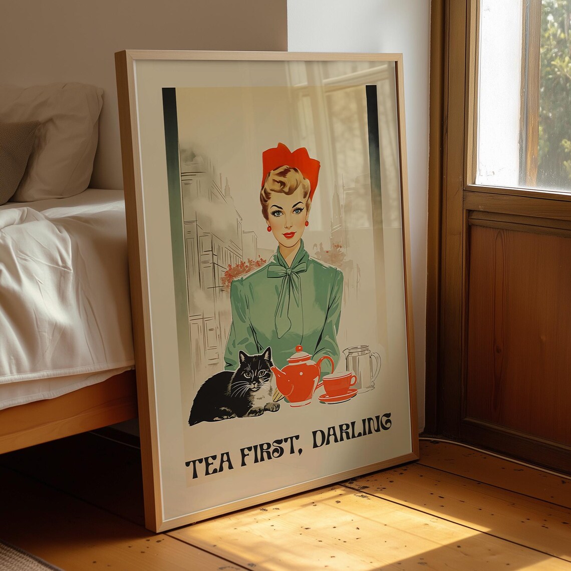 Tea First Darling Retro Cafe Lady With Cat Art Print