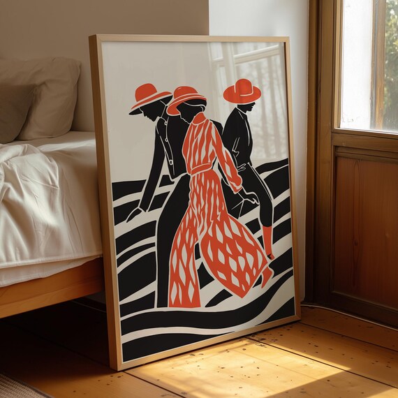 Midcentury Red Hat Figures Bold Black Red Modern Fashion Art Poster