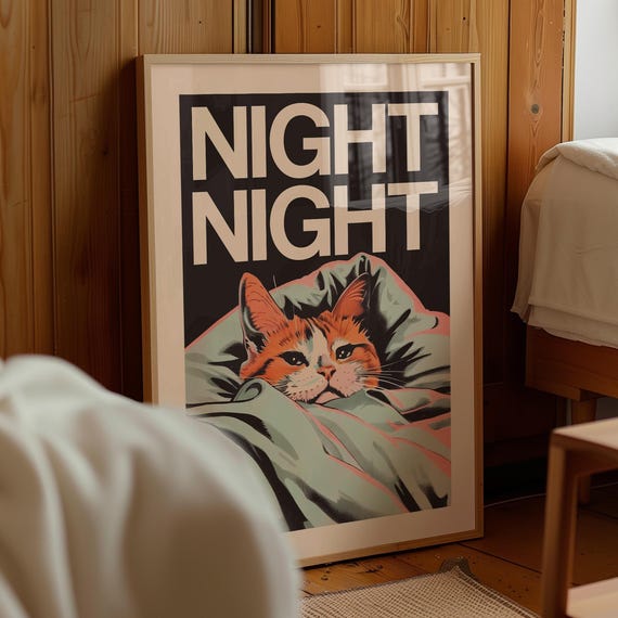 Night Cat Print Retro Bedroom Wall Art Digital Download