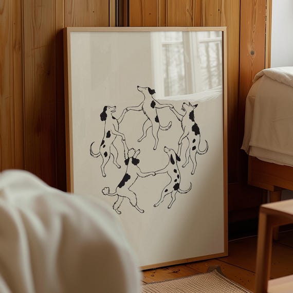 Dancing Dogs Line Art Print Matisse Style Black And White Sketch Poster Digital Download