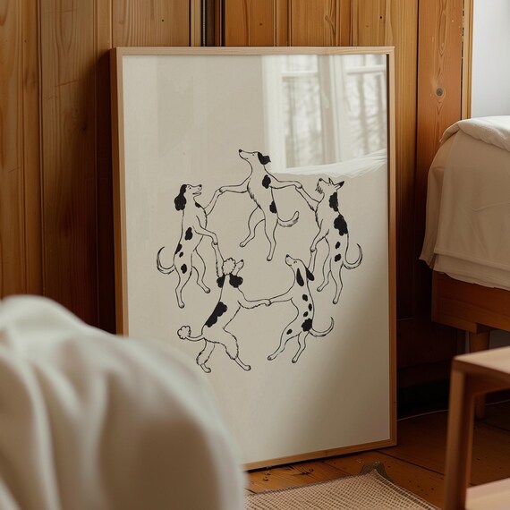 Five Happy Spotted Dogs Dancing Joyfully in a Circle Line Art Poster