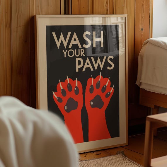Wash Your Paws Funny Bathroom Art Minimal Cat Paw Print Handwashing Poster Digital Download