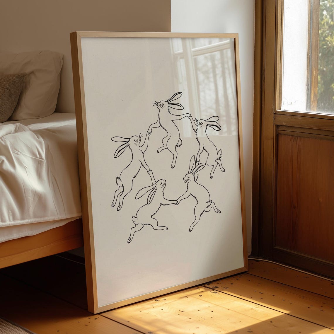 Dancing Bunnies Rabbit Illustration Hand Drawn Minimalist Black And White Poster Digital Print