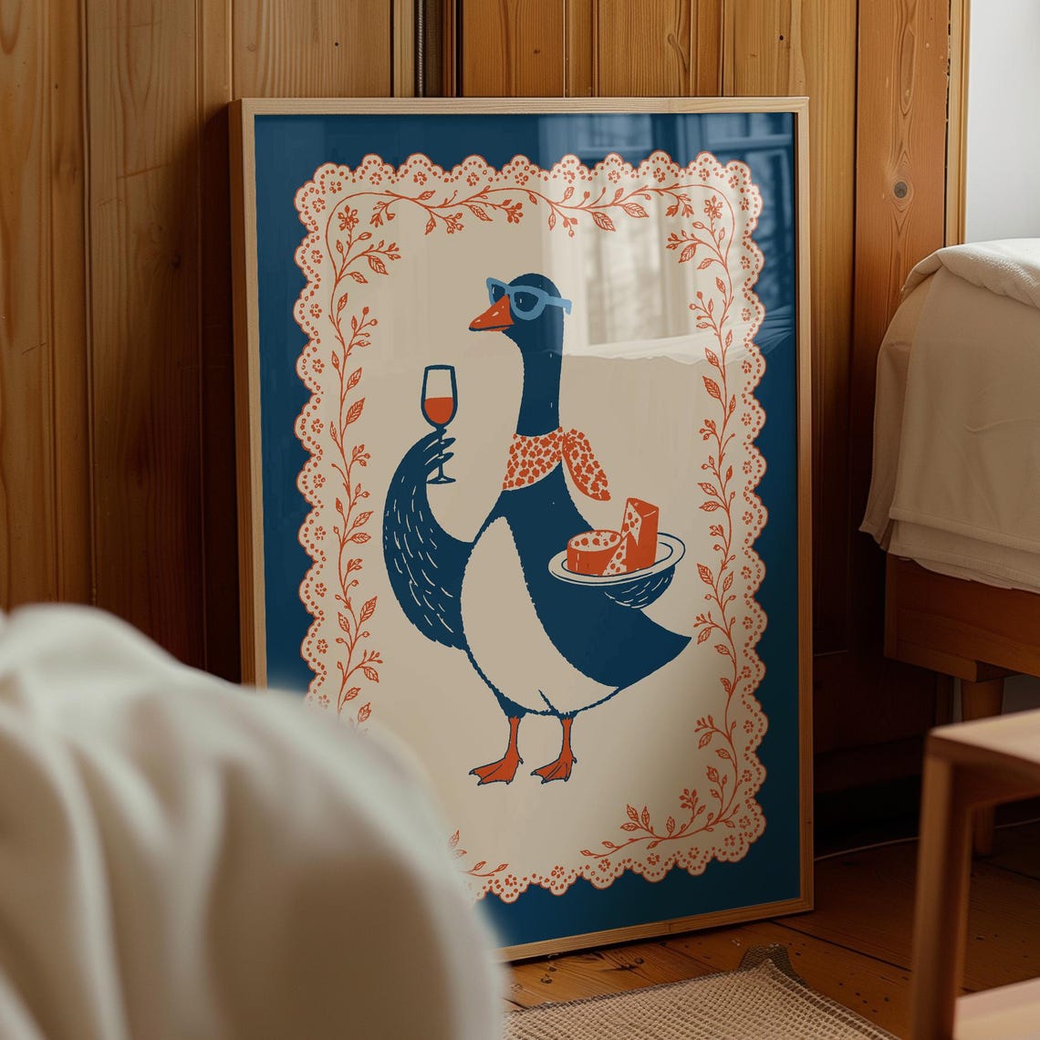 Wine And Cheese Goose Navy Blue Retro Kitchen Humor Art Poster