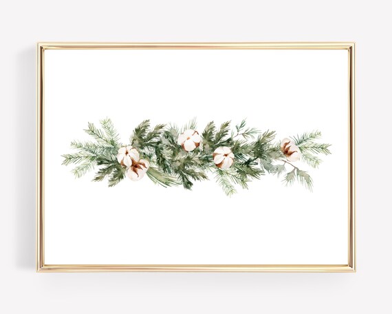 Hand Painted Watercolor Evergreen and Cotton Christmas Garland Wall Art