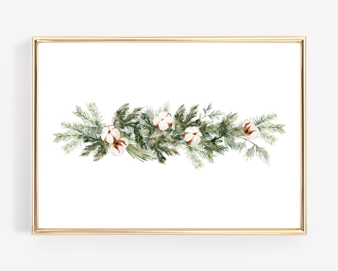 Hand Painted Watercolor Evergreen and Cotton Christmas Garland Wall Art