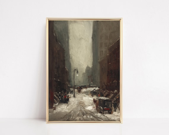 Snowy Winter City Street Vintage Oil Painting Moody Wall Art