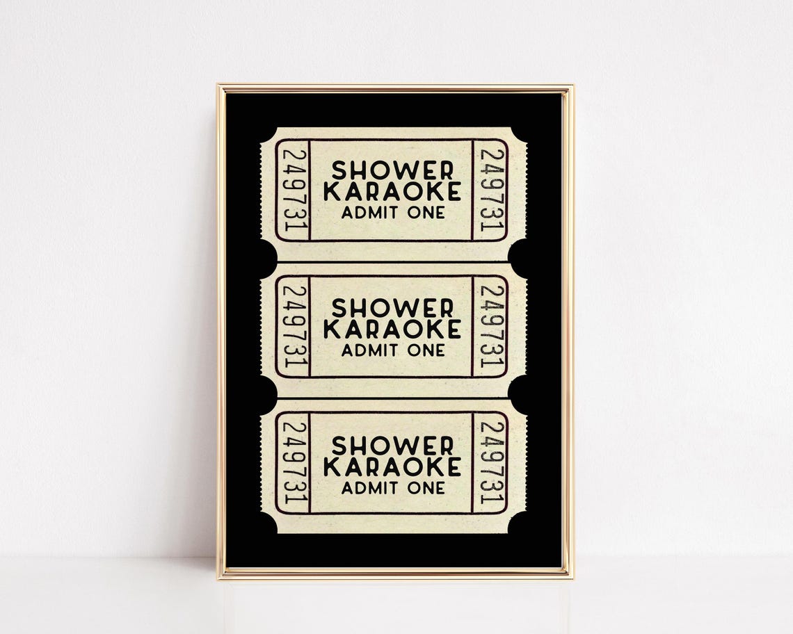 Shower Karaoke Admit One Ticket Black Bathroom Wall Decor Poster